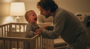 13 month sleep regression, tired parent soothing an awake baby at night