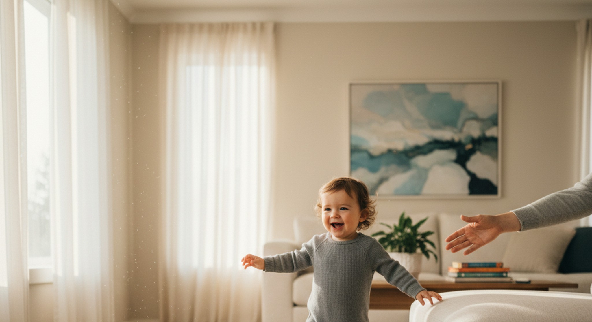 A 14 month old toddler taking wobbly steps in a bright living room