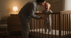 15 month sleep regression, tired parent soothing an awake baby at night