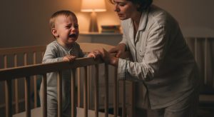 16 month sleep regression, tired parent soothing an awake baby at night