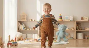 Awake seventeen month old toddler walking and playing in a bright room during the day