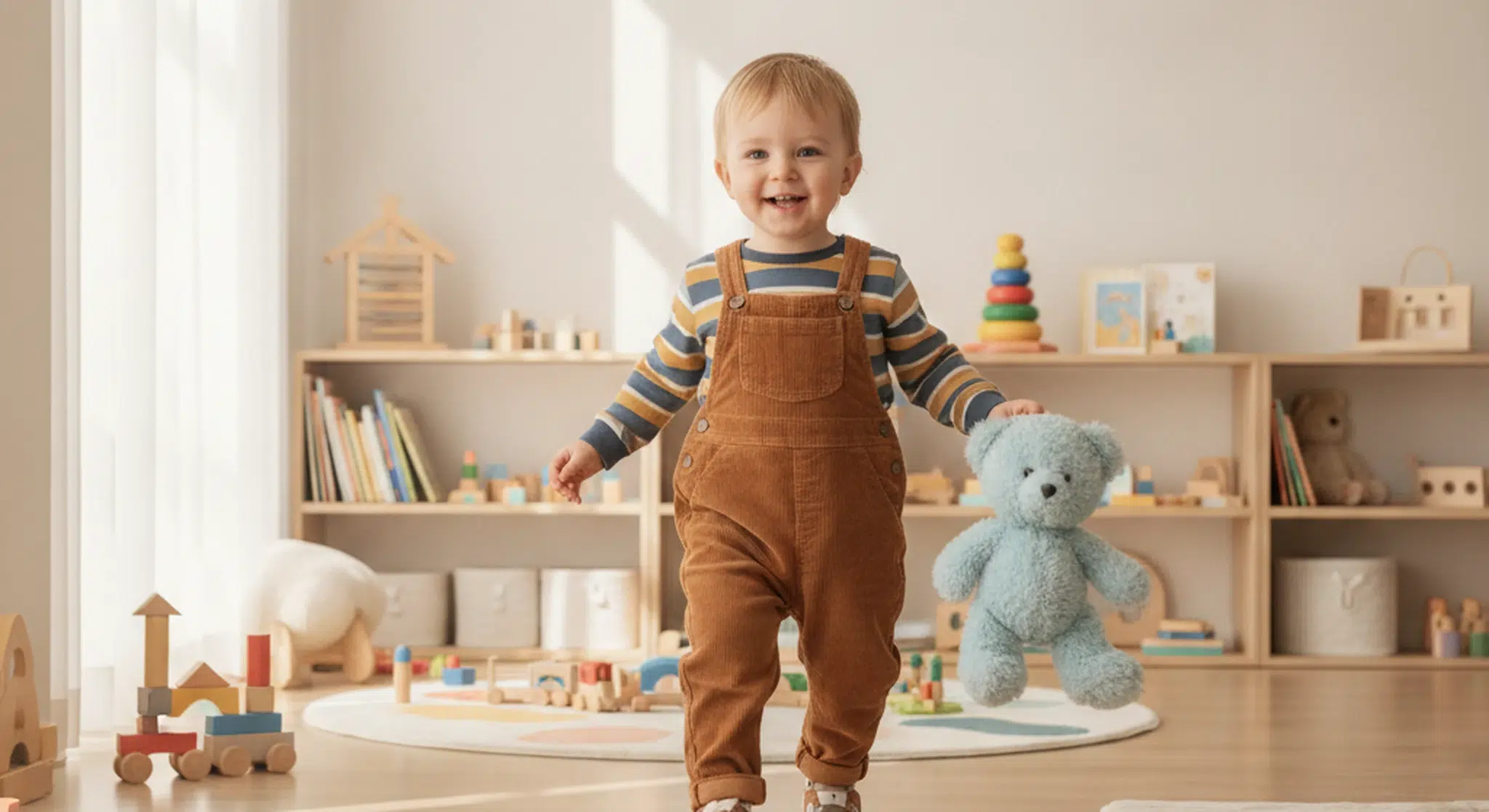 Awake seventeen month old toddler walking and playing in a bright room during the day