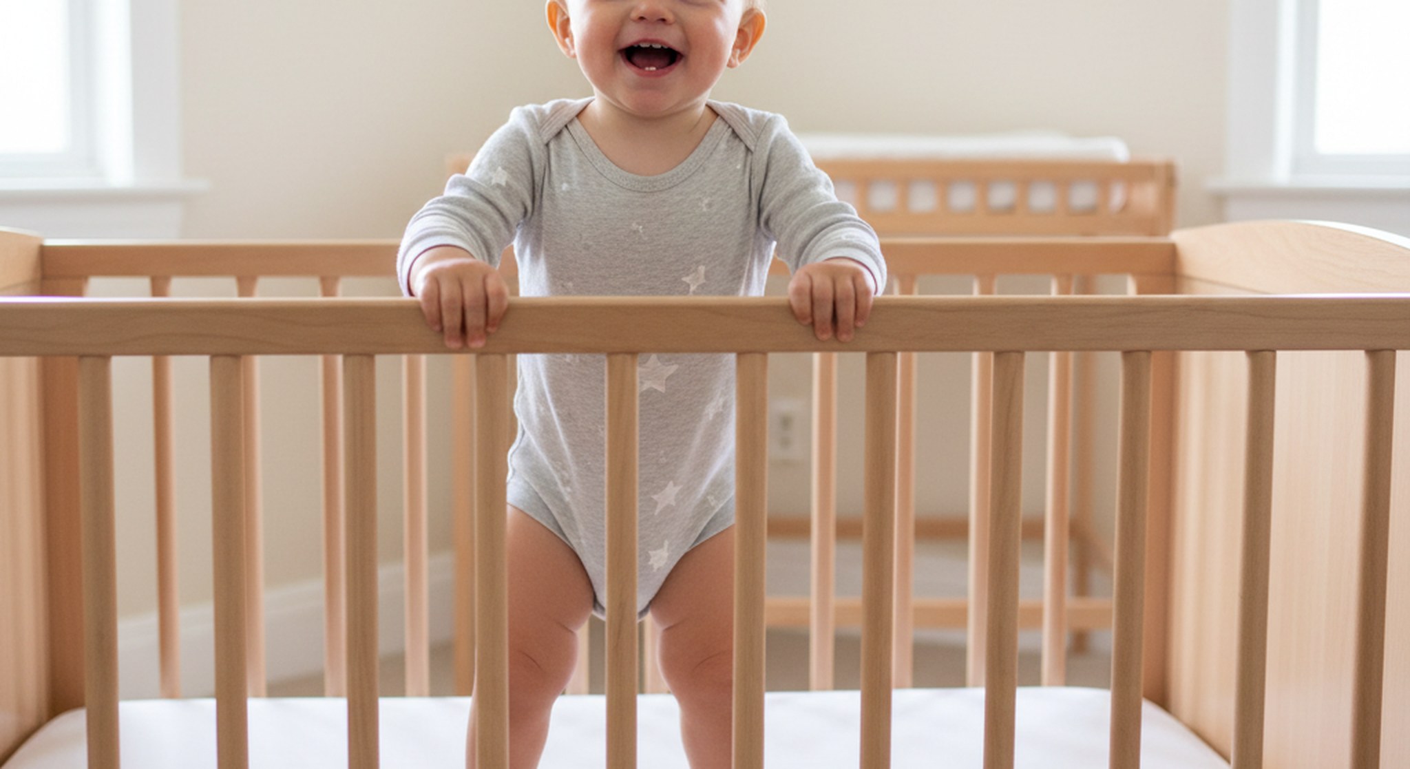 2to1naptransitionv3 | Betteroo 2 to 1 nap transition, awake toddler standing in a bare crib