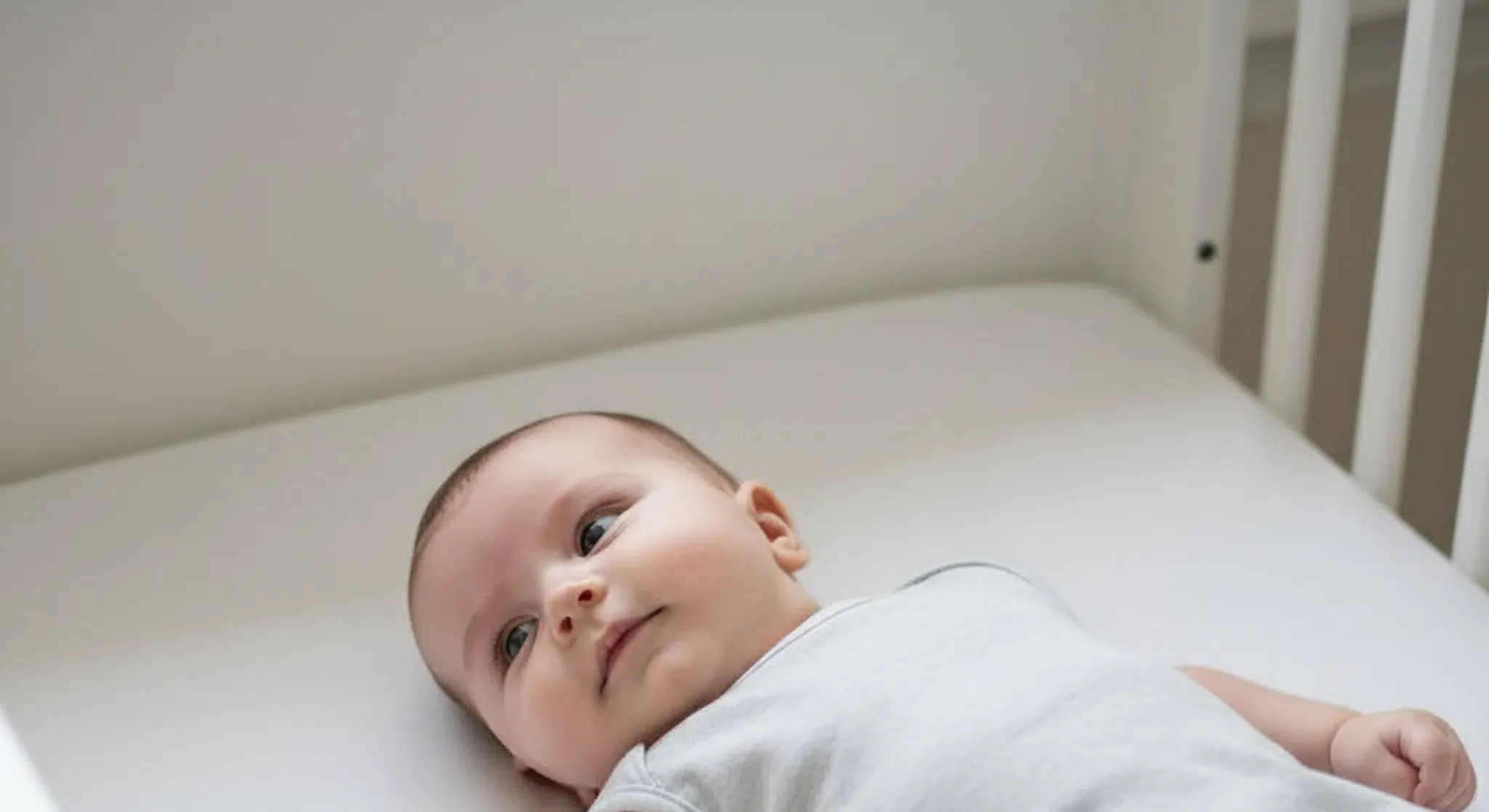 Baby lying on a white blanket in a crib, head tilted and looking toward the camera.
