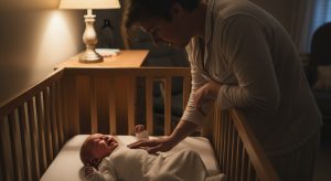 3 month sleep regression, tired parent soothing an awake baby at night