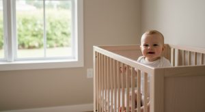 3 to 2 nap transition, awake baby sitting in a crib in daytime