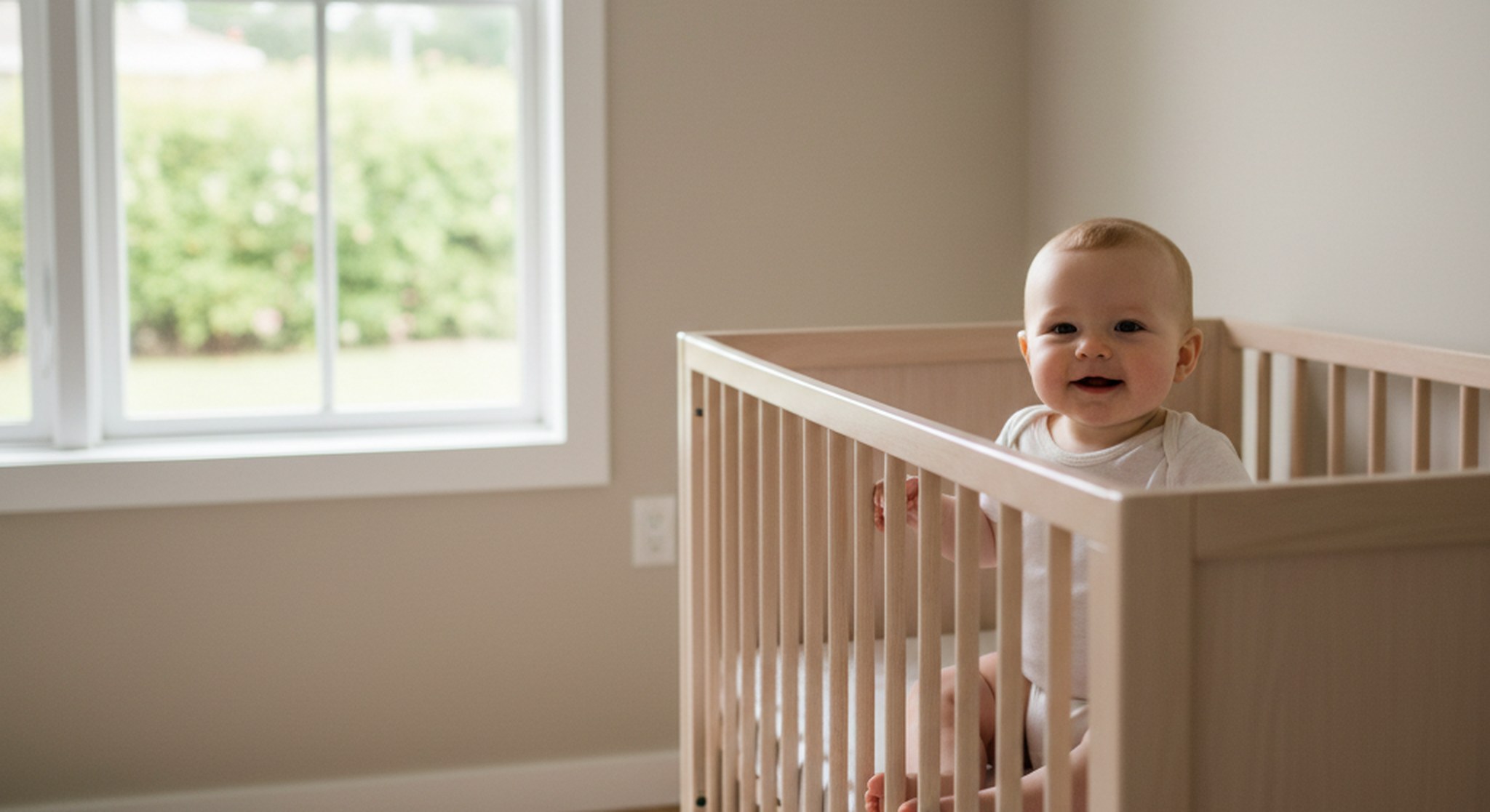 3to2naptransitionv2 | Betteroo 3 to 2 nap transition, awake baby sitting in a crib in daytime