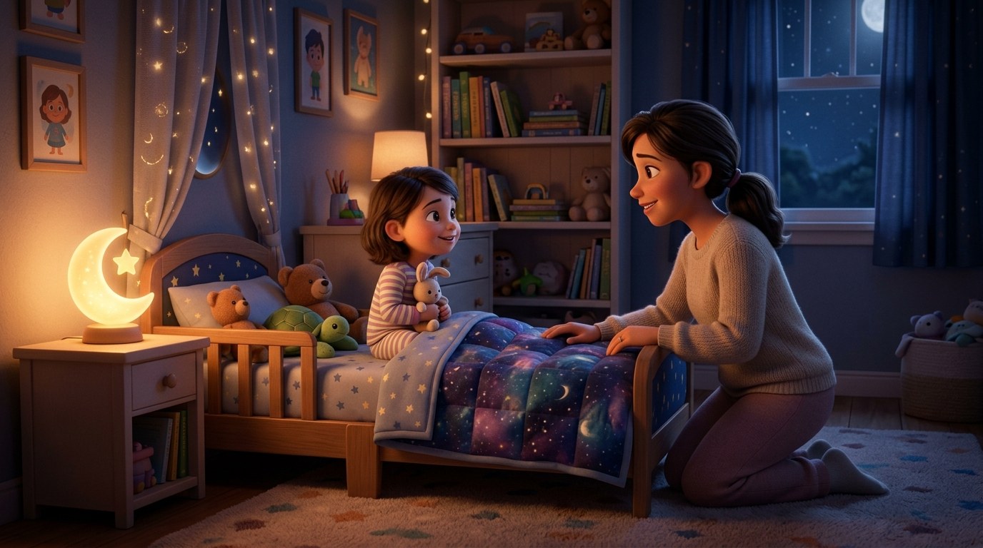 Patient parent comforting a wide awake preschooler sitting up in a toddler bed at night with a night light, for a 3 year old sleep regression guide