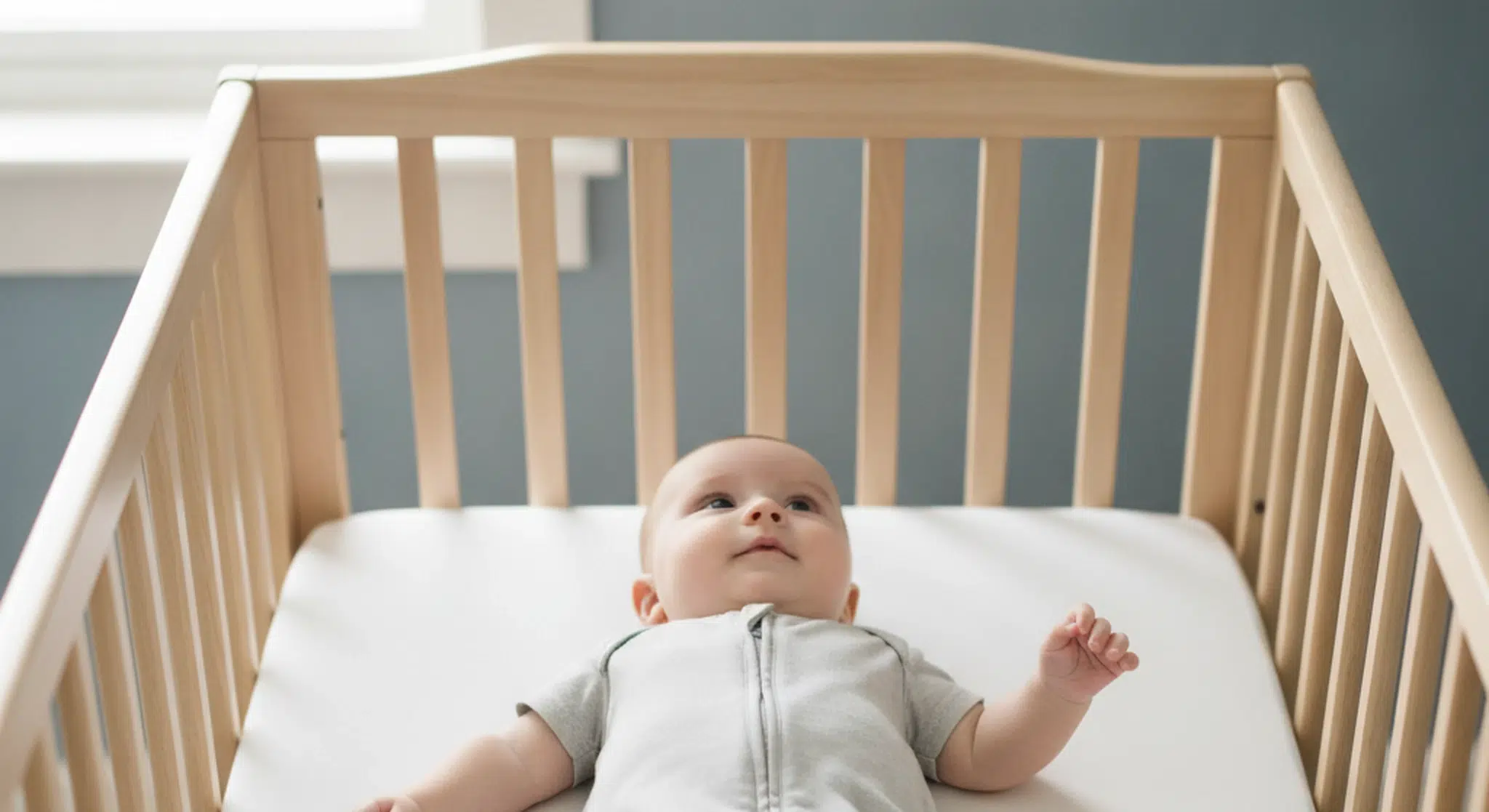 Baby lying in a wooden crib, looking up toward the ceiling with a calm expression.