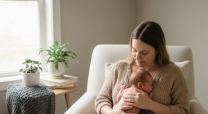 A parent holding a swaddled newborn skin to skin in a cozy chair