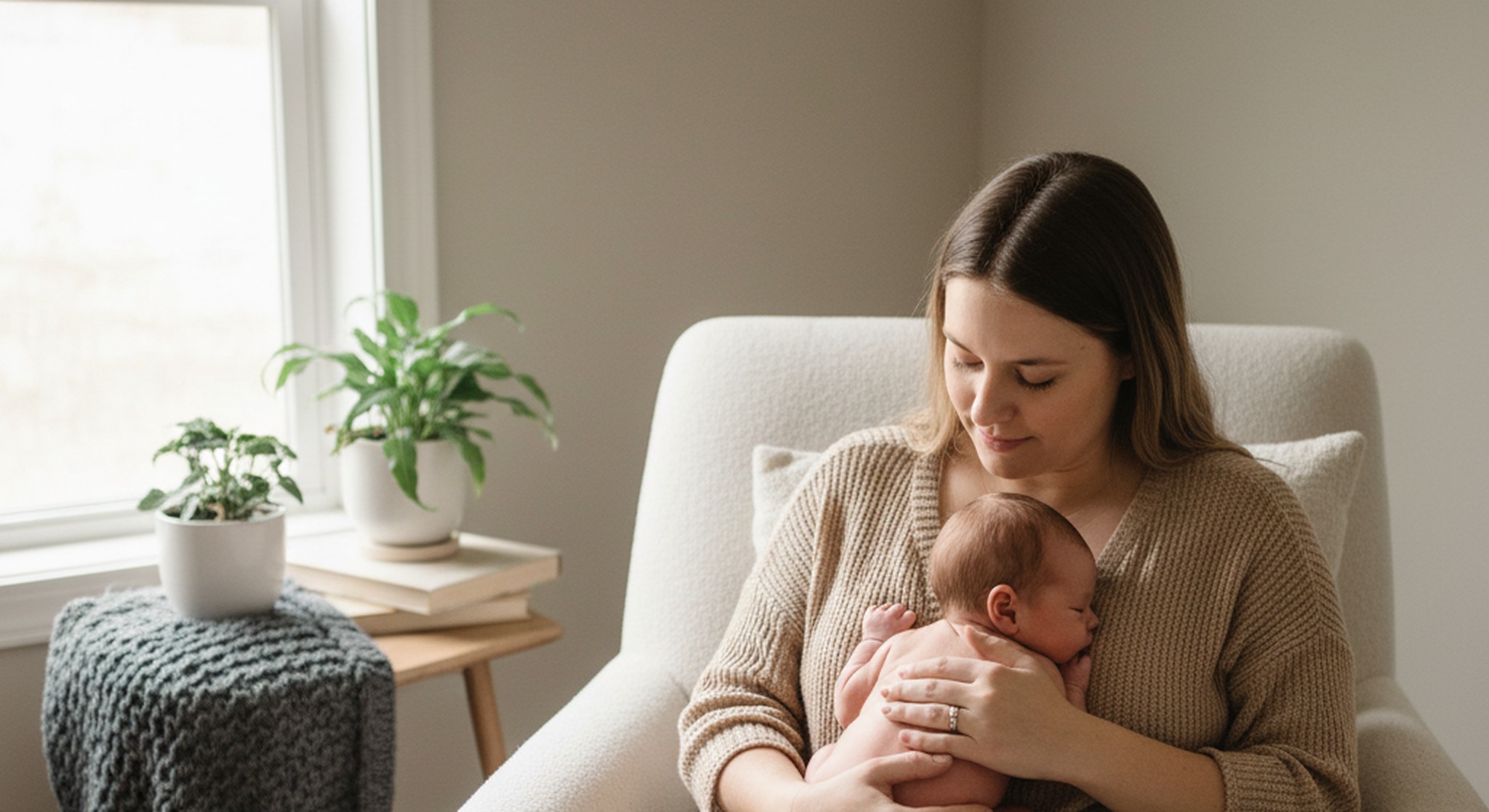 A parent holding a swaddled newborn skin to skin in a cozy chair
