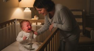 7 month sleep regression, tired parent soothing an awake baby at night
