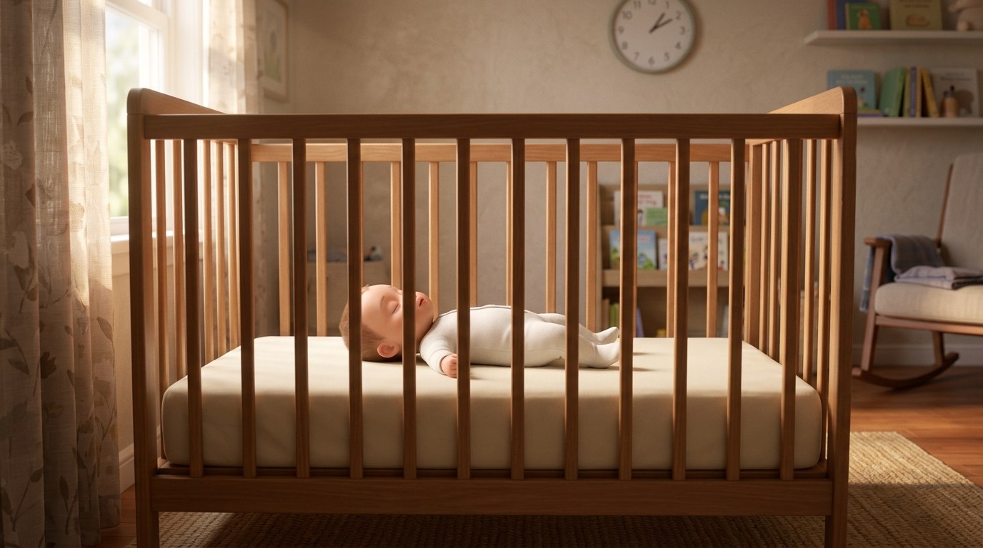 Baby sleeping on their back in an empty crib at nap time with a clock in the background, for an 8 month old sleep schedule guide