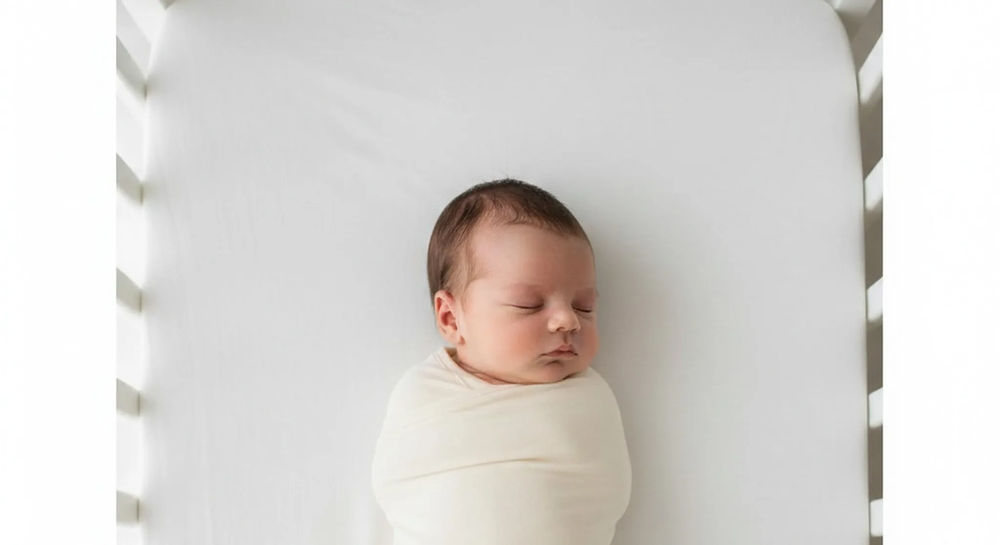 Newborn sleeping peacefully on their back in a bare bassinet with a fitted sheet only