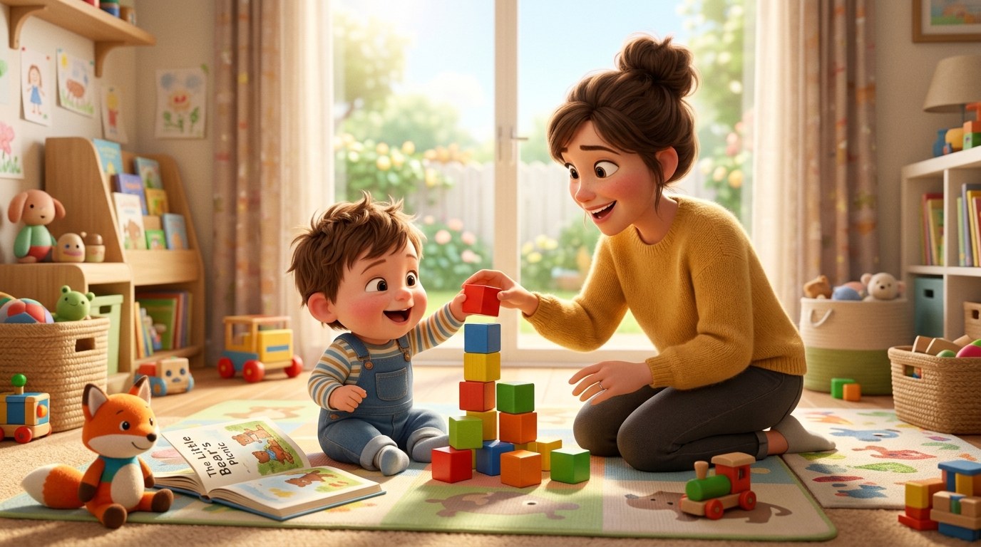 Toddler stacking wooden blocks on the floor with a parent and picture books nearby, for a guide to activities for a 1 year old