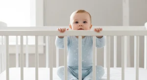 Awake baby sitting and holding the rail of a bare crib