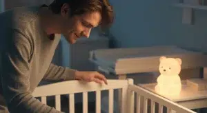 | Betteroo Parent gently soothing an awake baby lying on their back in a bare safe crib at night