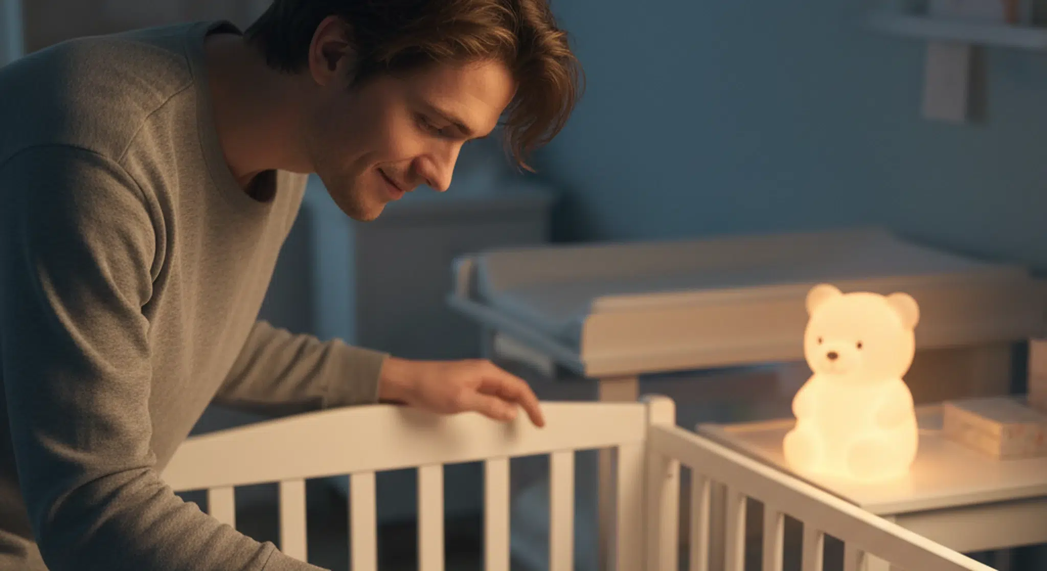 Parent gently soothing an awake baby lying on their back in a bare safe crib at night