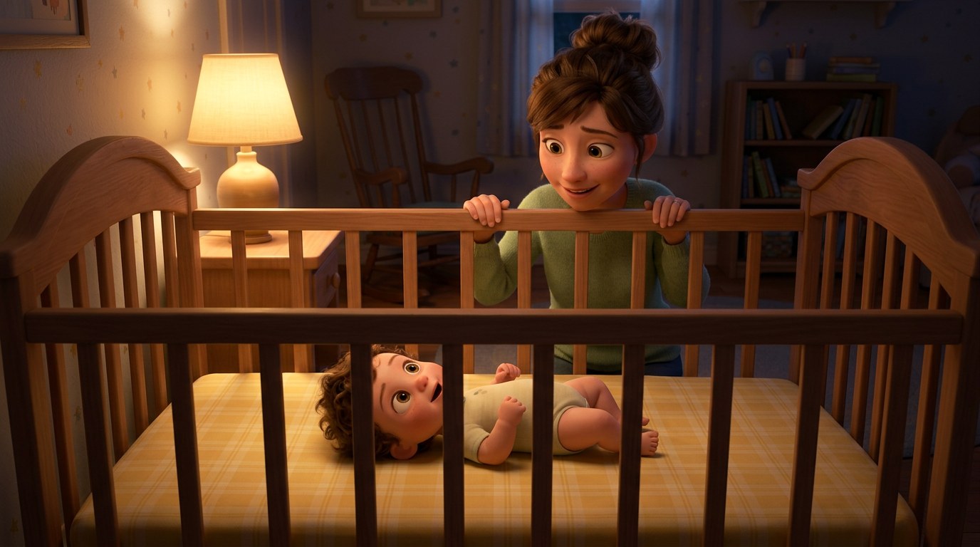 Wide awake baby sitting up alert in an empty crib at bedtime while a patient parent reassures them, for a guide on why a baby is fighting sleep