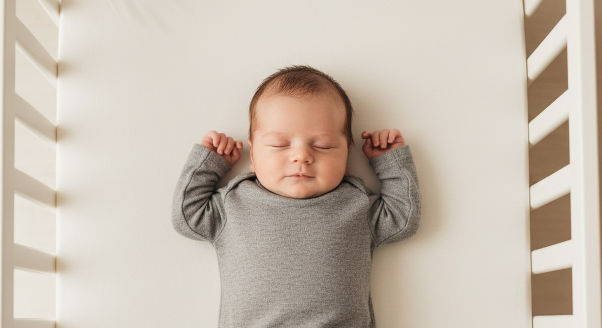 Sleeping baby on their back in a bare crib with a faint smile