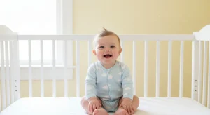 An awake, happy baby sitting up in a bare safe crib in bright daylight