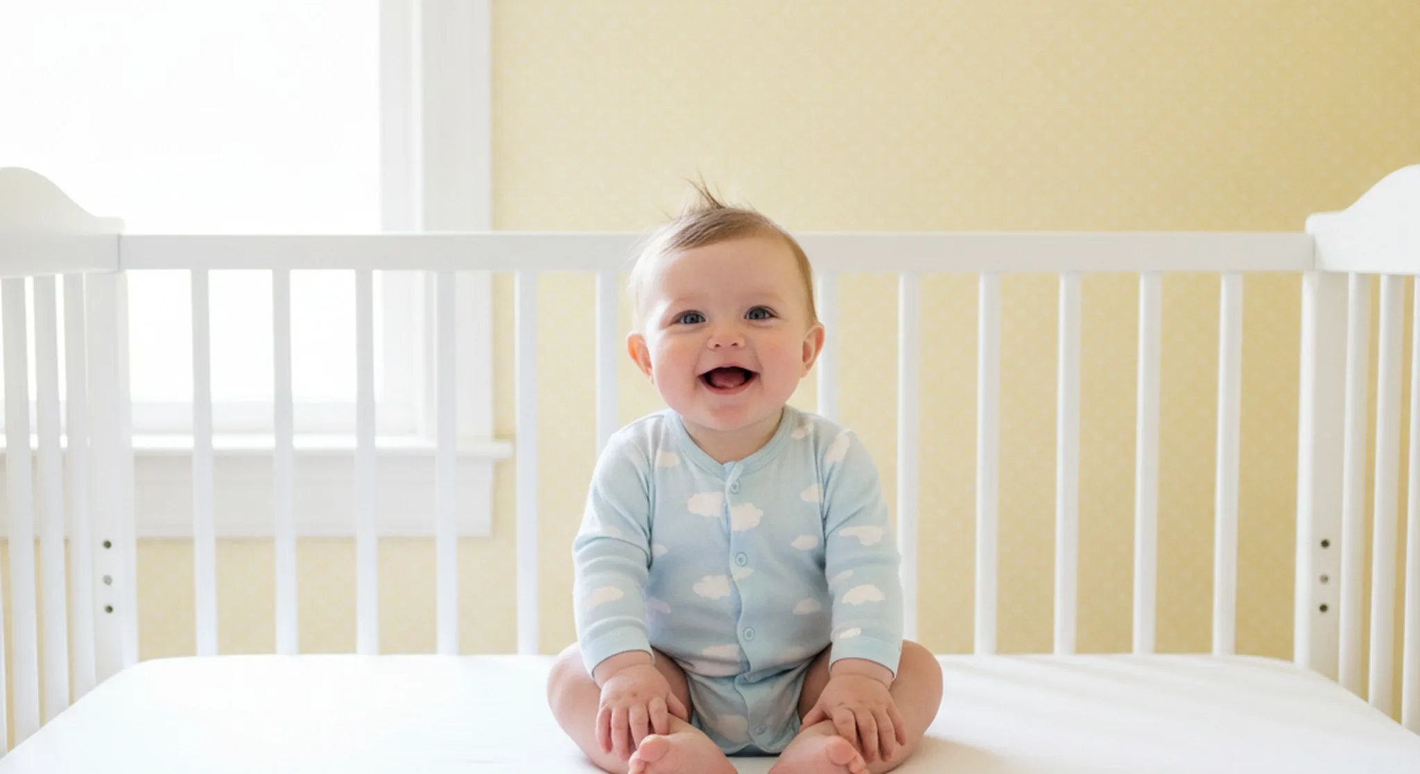 An awake, happy baby sitting up in a bare safe crib in bright daylight