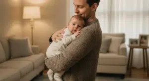 Father wearing a brown sweater gently cradles his baby in a warmly lit living room.