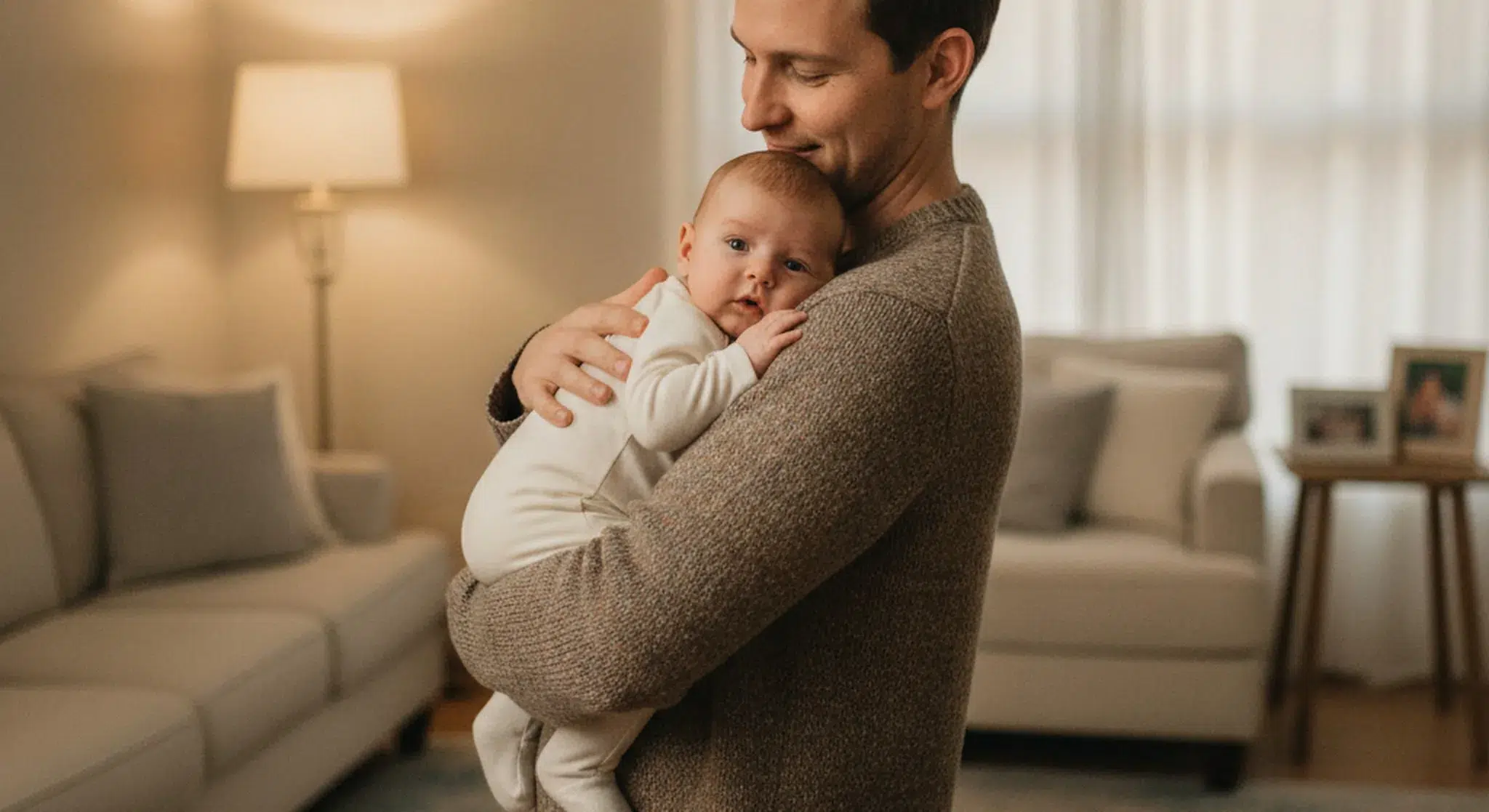 Father wearing a brown sweater gently cradles his baby in a warmly lit living room.