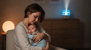 A parent gently holding an awake, calm baby at night with a cool mist humidifier nearby