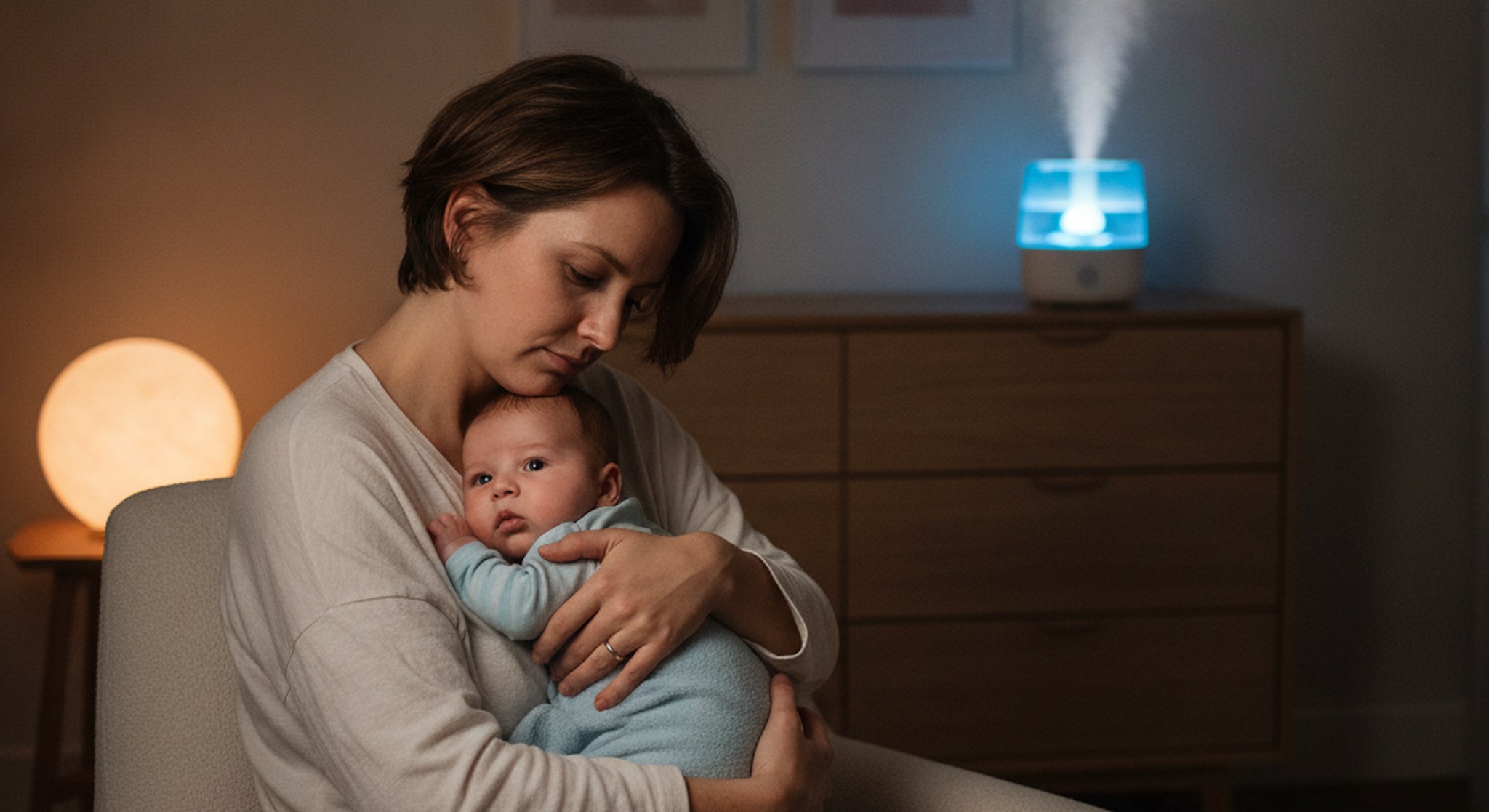 A parent gently holding an awake, calm baby at night with a cool mist humidifier nearby