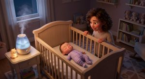 Congested baby sleeping flat on their back in an empty crib with a humidifier nearby, showing the safe sleeping position for a stuffy nose