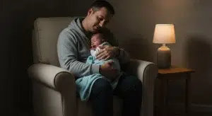 Man in a gray hoodie cradles a crying baby wrapped in a blue blanket while seated in a beige armchair beside a lit table lamp.