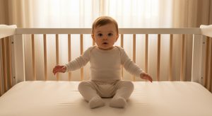 Awake baby sitting up in a bare crib in early morning light