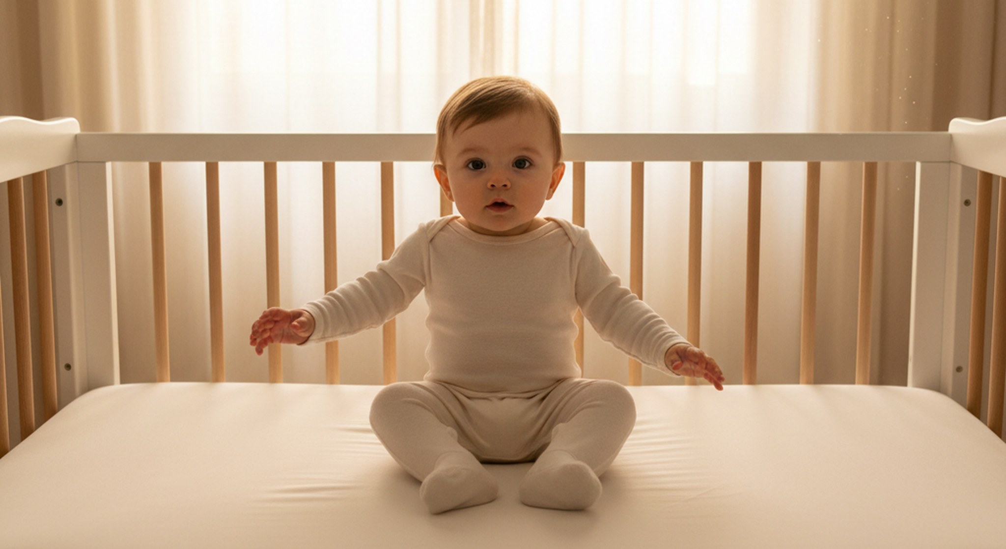 Awake baby sitting up in a bare crib in early morning light