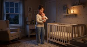 Baby Wont Sleep in Crib | Betteroo Tired parent holding a sleeping baby at night beside an empty crib, for a guide on when a baby will not sleep in the crib
