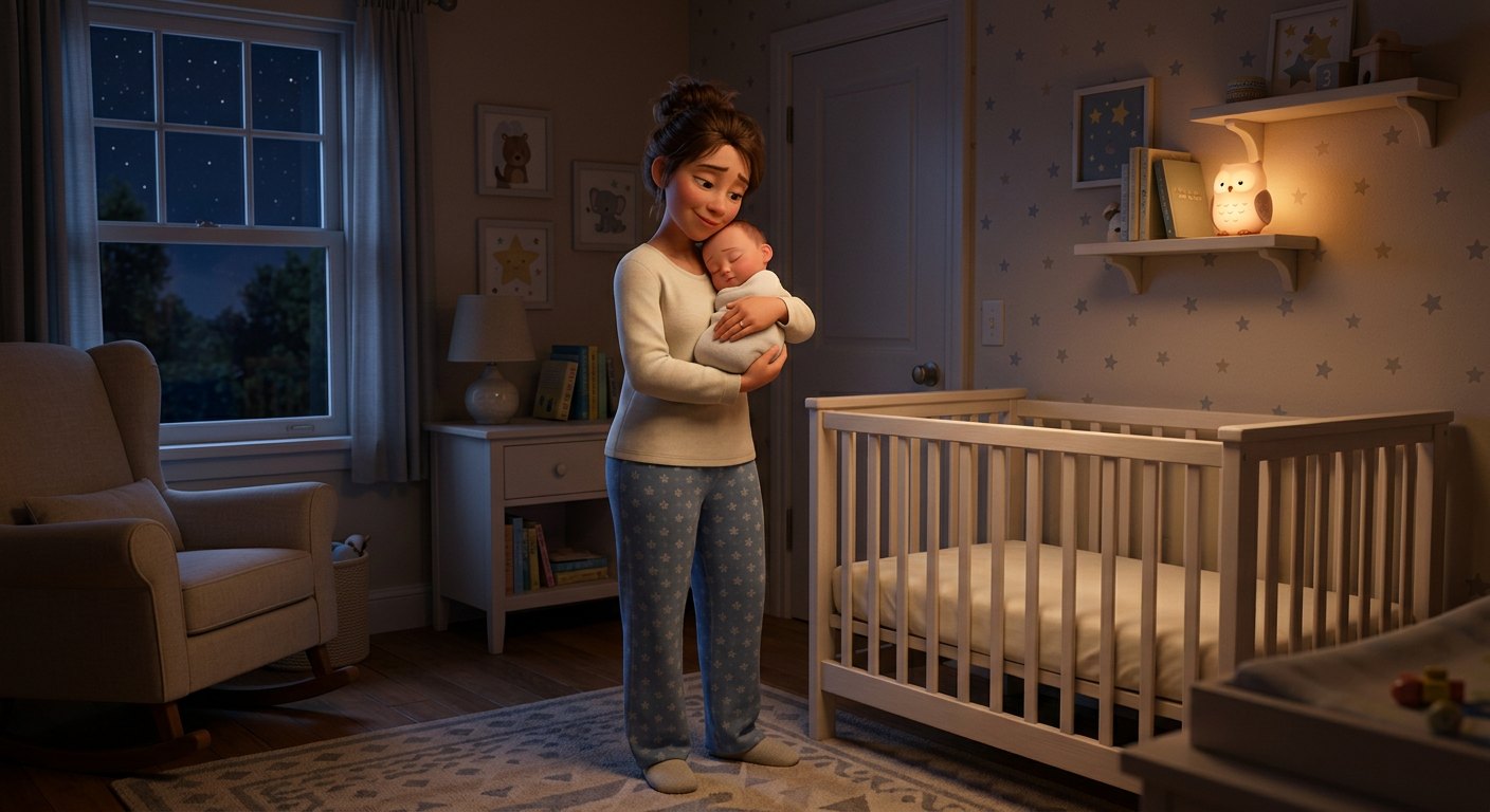 Tired parent holding a sleeping baby at night beside an empty crib, for a guide on when a baby will not sleep in the crib