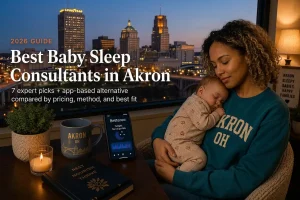 A mother cradling her sleeping baby by a window over the Akron skyline at dusk, best baby sleep consultants in Akron