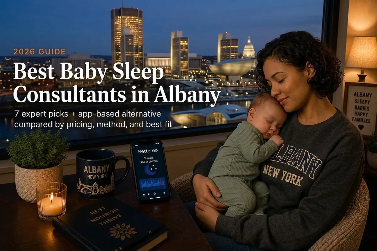 Mother holding sleeping baby by an Albany New York skyline window, guide to baby sleep consultants in Albany