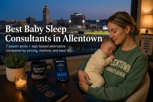 Mother holding sleeping baby beside the Allentown skyline at dusk, promoting a guide to the best baby sleep consultants in Allentown, Pennsylvania