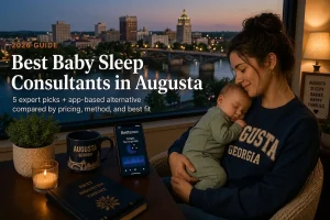A tired mother cradles her sleeping baby by a window overlooking the Savannah River and downtown skyline at dusk, representing baby sleep consultants in Augusta.