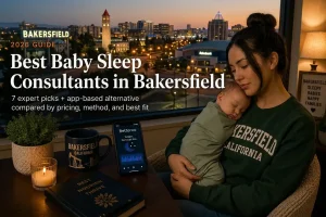 Parent holding a sleeping baby by a window at dusk, best baby sleep consultants in Bakersfield with warm city lights