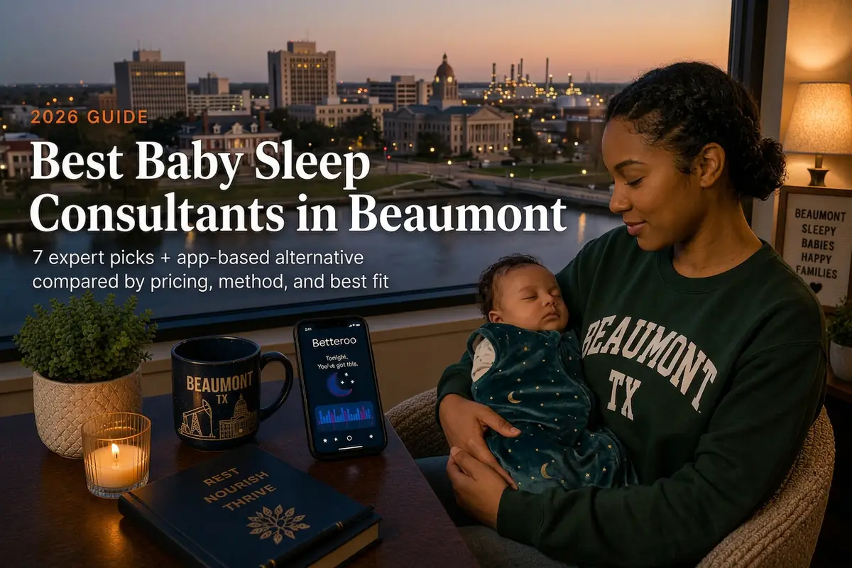 Mother holding a sleeping baby by a window over Beaumont's courthouse evening skyline, baby sleep consultants in Beaumont.