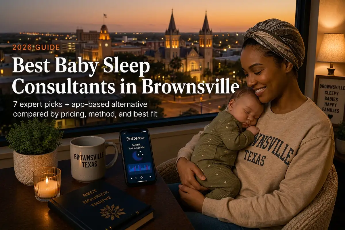 Tired Brownsville Texas mother holding her sleeping baby by a window at dusk, researching the best baby sleep consultants in Brownsville