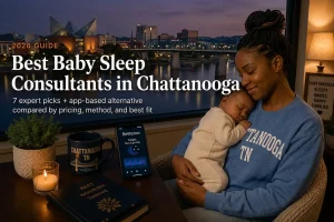 Mother holding a sleeping baby by a window at dusk, guide to the best baby sleep consultants in Chattanooga, Tennessee