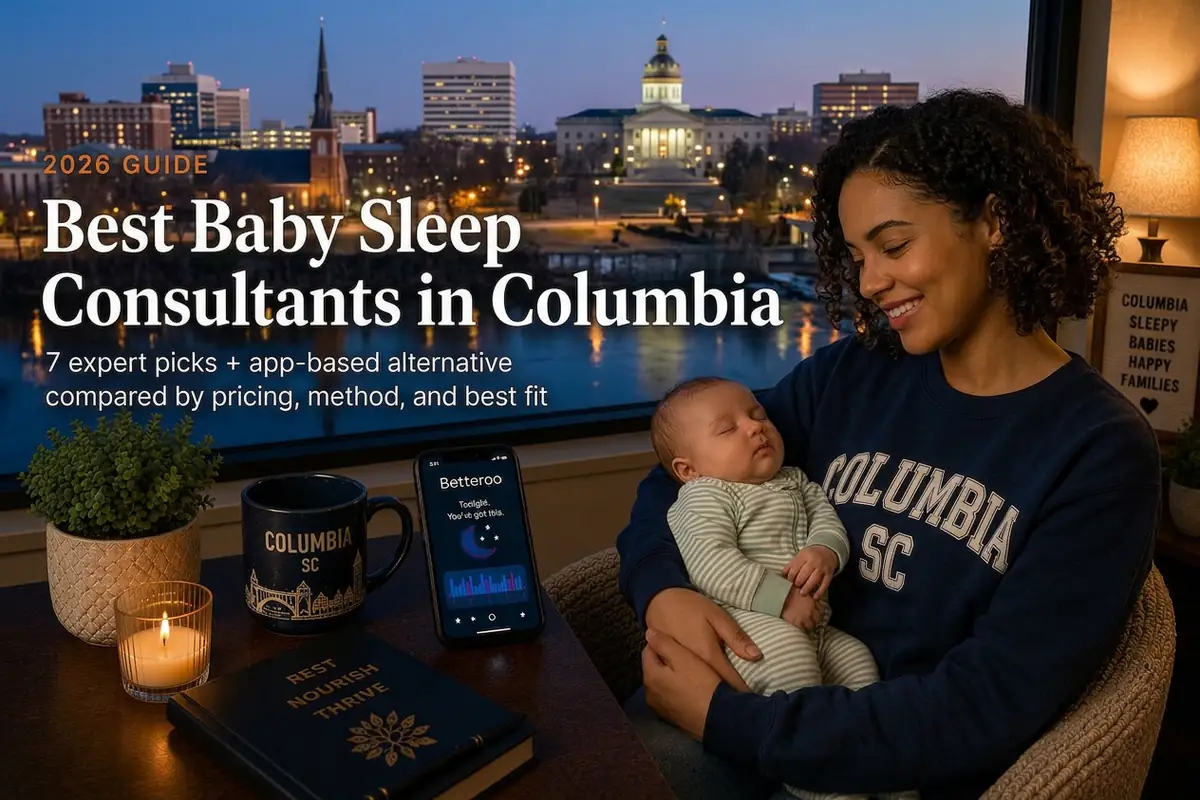 A mother cradling her sleeping baby by a window over the Columbia skyline at dusk, best baby sleep consultants in Columbia