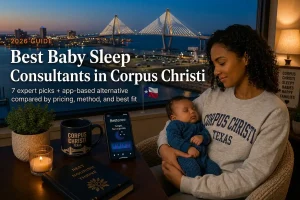 Tired Corpus Christi Texas mother holding her sleeping baby by a window at dusk, researching the best baby sleep consultants in Corpus Christi
