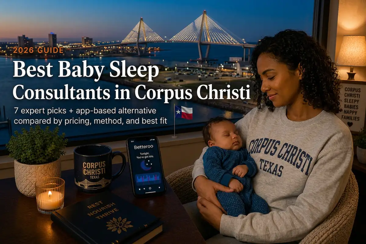Tired Corpus Christi Texas mother holding her sleeping baby by a window at dusk, researching the best baby sleep consultants in Corpus Christi