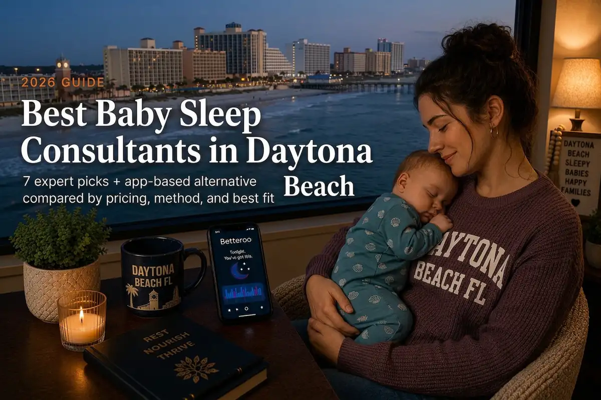 Mother holding a sleeping baby by a window at dusk, guide to the best baby sleep consultants in Daytona Beach, Florida