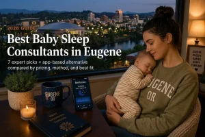 Eugene parent holding a sleeping baby by a window at dusk, our guide to baby sleep consultants in Eugene.