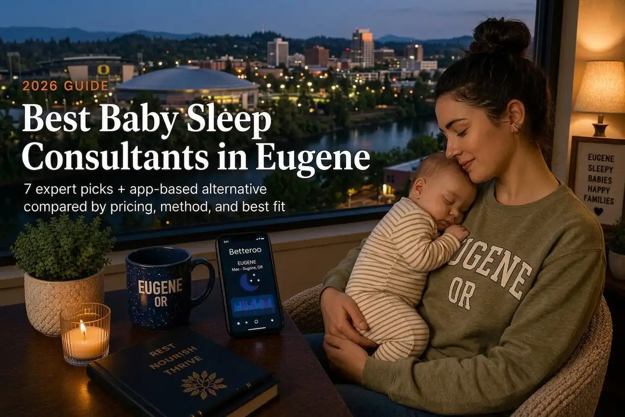 Bestbabysleepconsultantseugene | Betteroo Eugene parent holding a sleeping baby by a window at dusk, our guide to baby sleep consultants in Eugene.